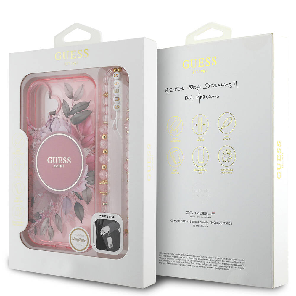 iPhone 16 Kılıf Guess Orijinal Lisanslı M-safe Şarj Özellikli IML Baskılı Çiçek İnci Bileklikli Kılıf