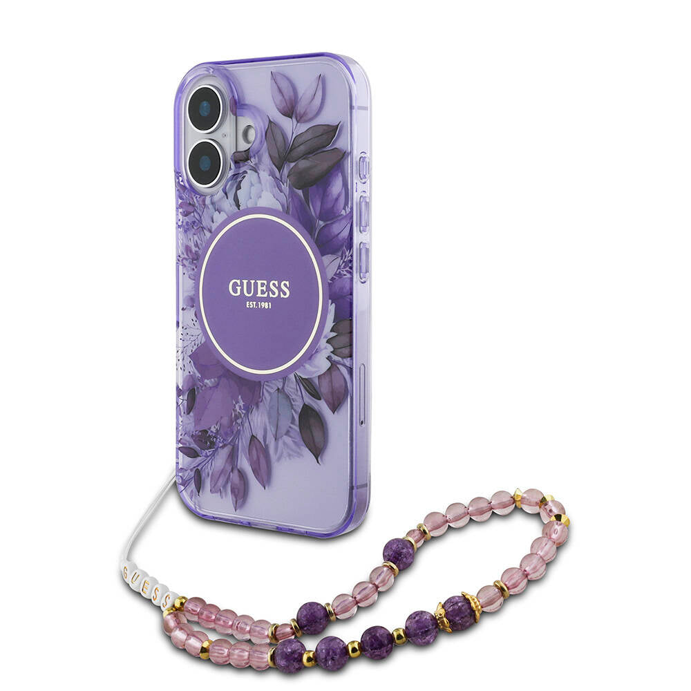 iPhone 16 Kılıf Guess Orijinal Lisanslı M-safe Şarj Özellikli IML Baskılı Çiçek İnci Bileklikli Kılıf