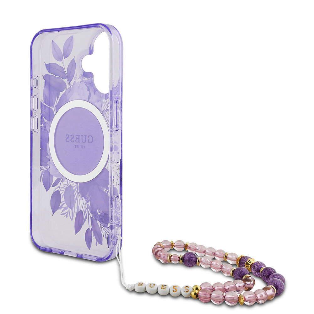 iPhone 16 Kılıf Guess Orijinal Lisanslı M-safe Şarj Özellikli IML Baskılı Çiçek İnci Bileklikli Kılıf