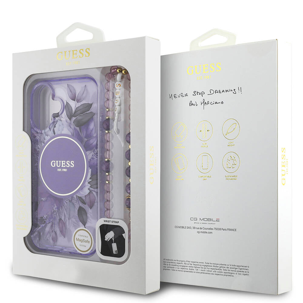 iPhone 16 Kılıf Guess Orijinal Lisanslı M-safe Şarj Özellikli IML Baskılı Çiçek İnci Bileklikli Kılıf