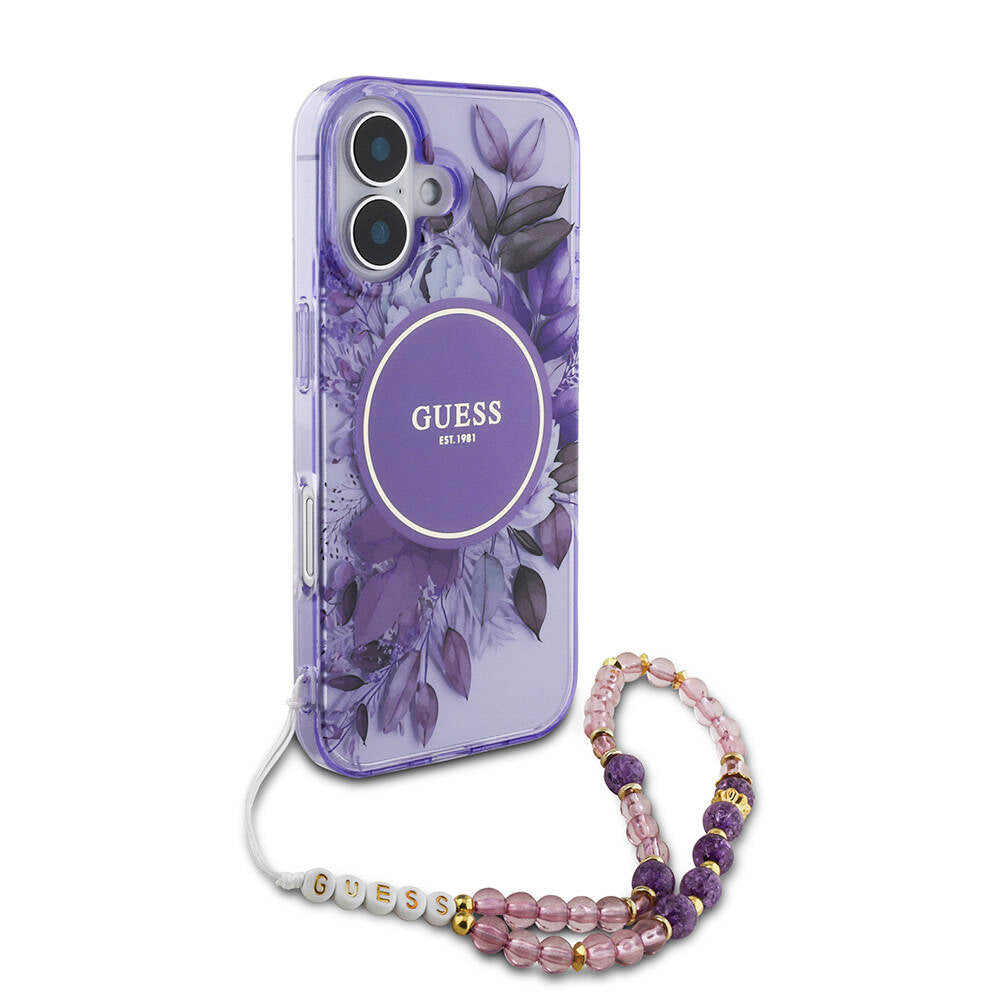 iPhone 16 Kılıf Guess Orijinal Lisanslı M-safe Şarj Özellikli IML Baskılı Çiçek İnci Bileklikli Kılıf