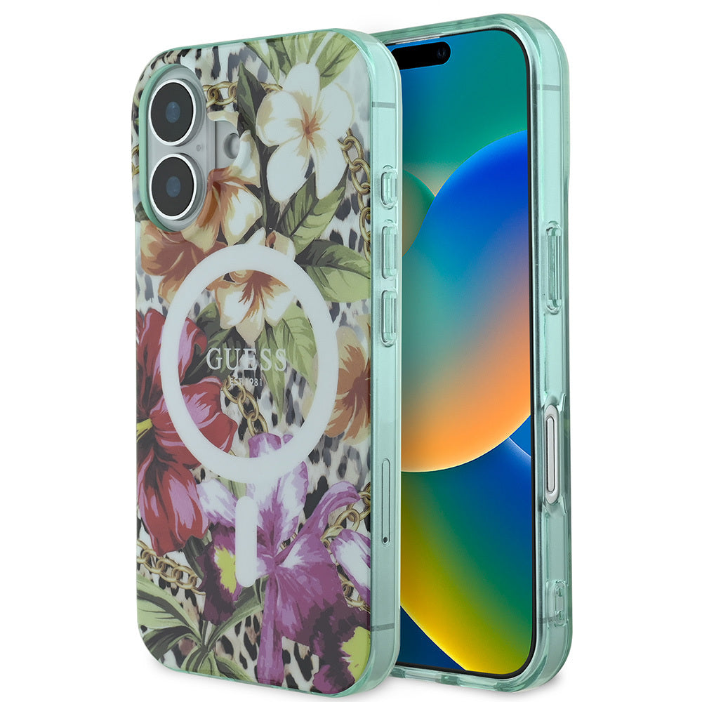 iPhone 16 Kılıf Guess Orijinal Lisanslı M-safe Şarj Özellikli IML Baskılı Jungle Ring Kılıf
