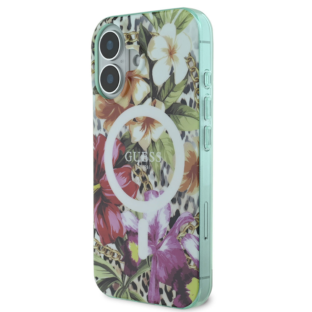 iPhone 16 Kılıf Guess Orijinal Lisanslı M-safe Şarj Özellikli IML Baskılı Jungle Ring Kılıf