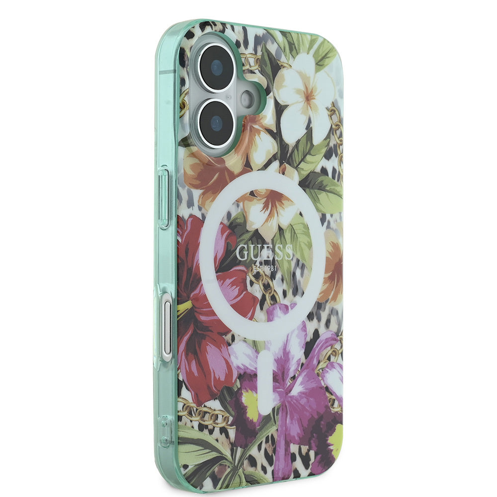 iPhone 16 Kılıf Guess Orijinal Lisanslı M-safe Şarj Özellikli IML Baskılı Jungle Ring Kılıf