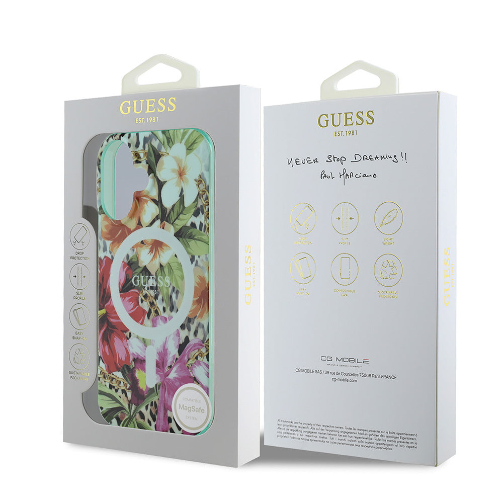 iPhone 16 Kılıf Guess Orijinal Lisanslı M-safe Şarj Özellikli IML Baskılı Jungle Ring Kılıf