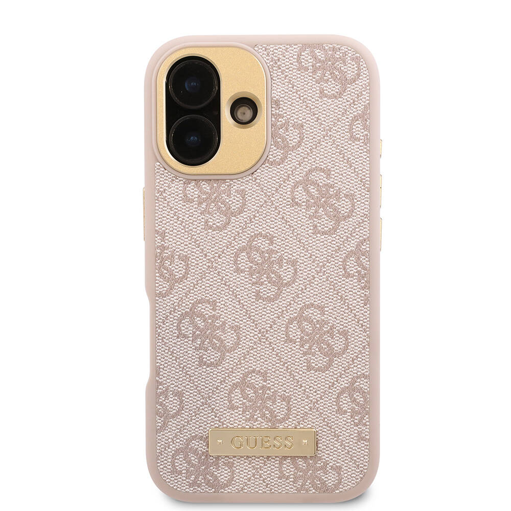 iPhone 16 Kılıf Guess Orijinal Lisanslı M-safe Şarj Özellikli PU 4G Desenli Metal Plaka Klasik Logolu Kılıf
