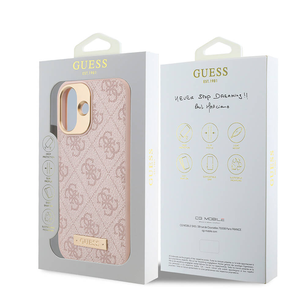 iPhone 16 Kılıf Guess Orijinal Lisanslı M-safe Şarj Özellikli PU 4G Desenli Metal Plaka Klasik Logolu Kılıf