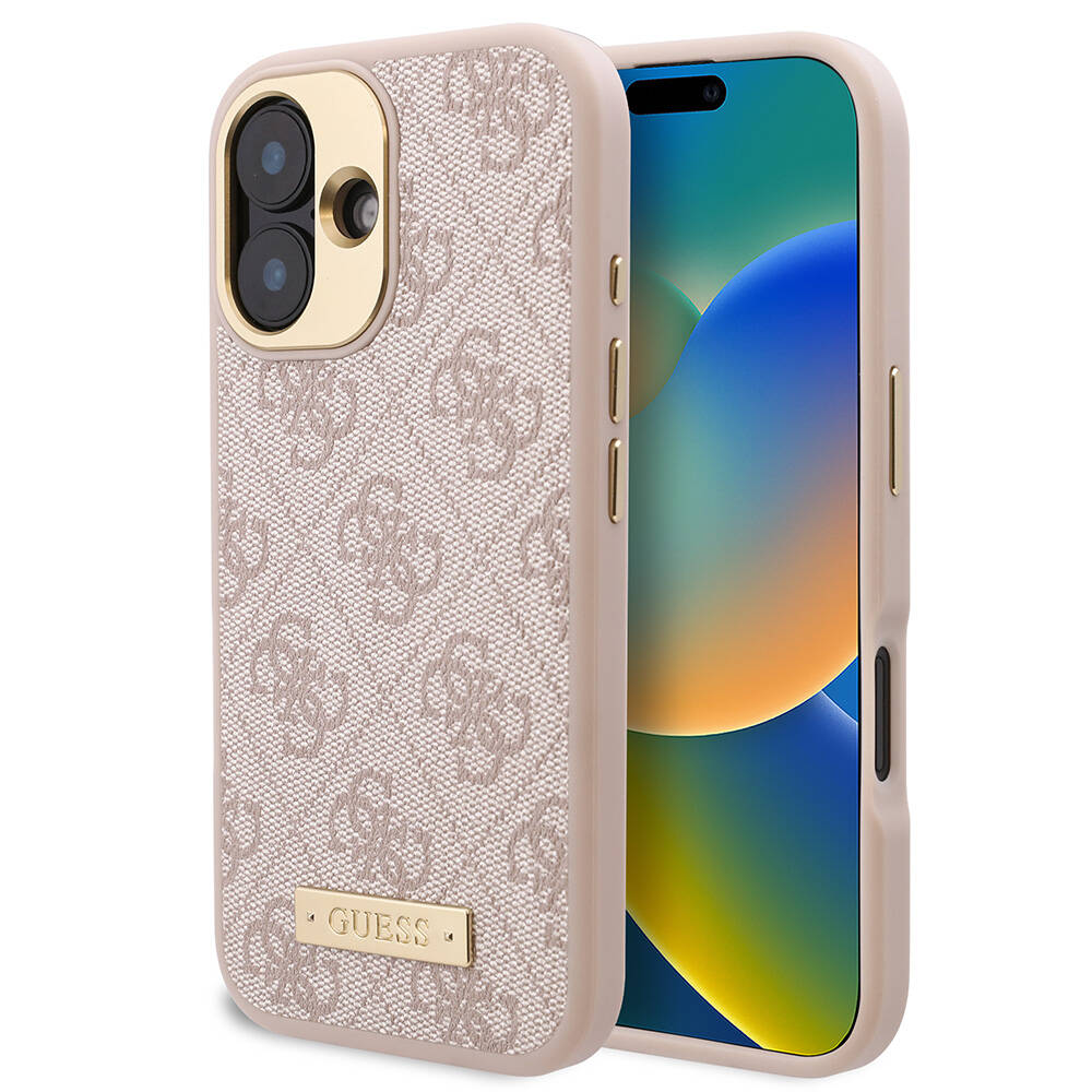 iPhone 16 Kılıf Guess Orijinal Lisanslı M-safe Şarj Özellikli PU 4G Desenli Metal Plaka Klasik Logolu Kılıf