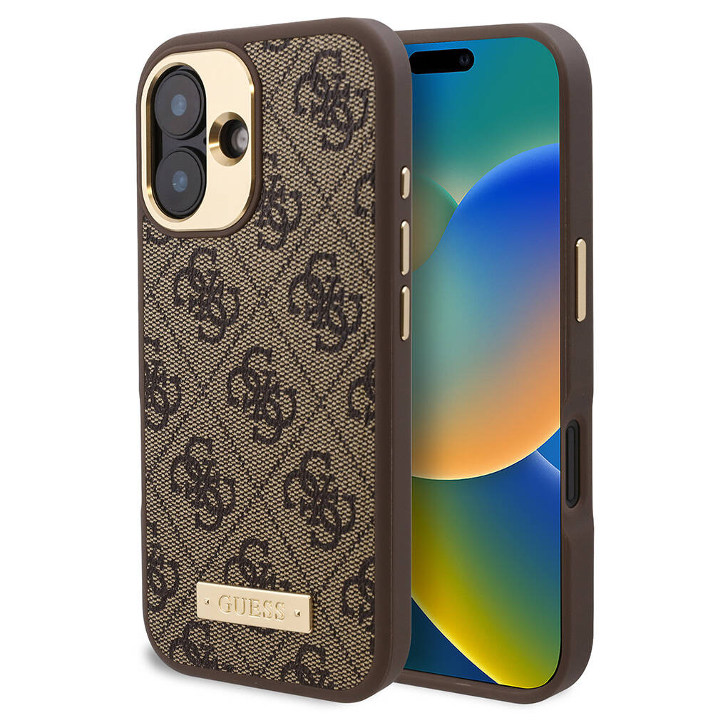 iPhone 16 Kılıf Guess Orijinal Lisanslı M-safe Şarj Özellikli PU 4G Desenli Metal Plaka Klasik Logolu Kılıf