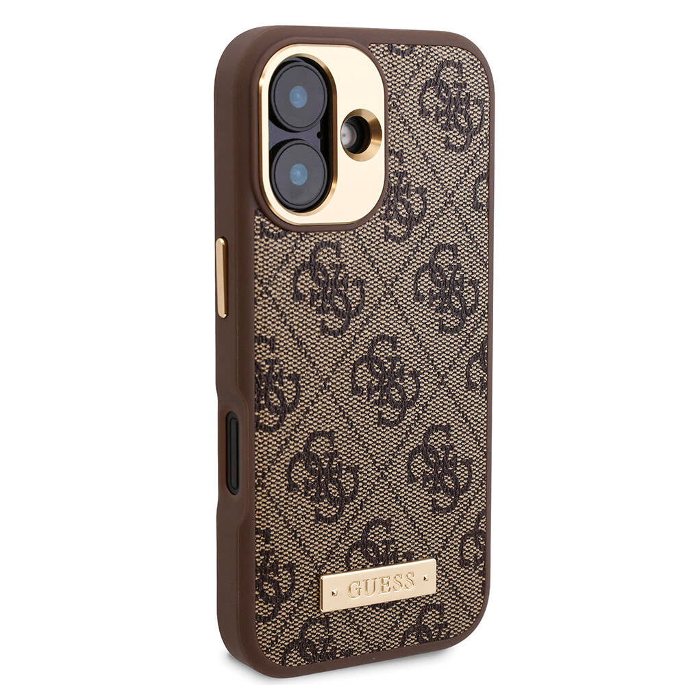 iPhone 16 Kılıf Guess Orijinal Lisanslı M-safe Şarj Özellikli PU 4G Desenli Metal Plaka Klasik Logolu Kılıf