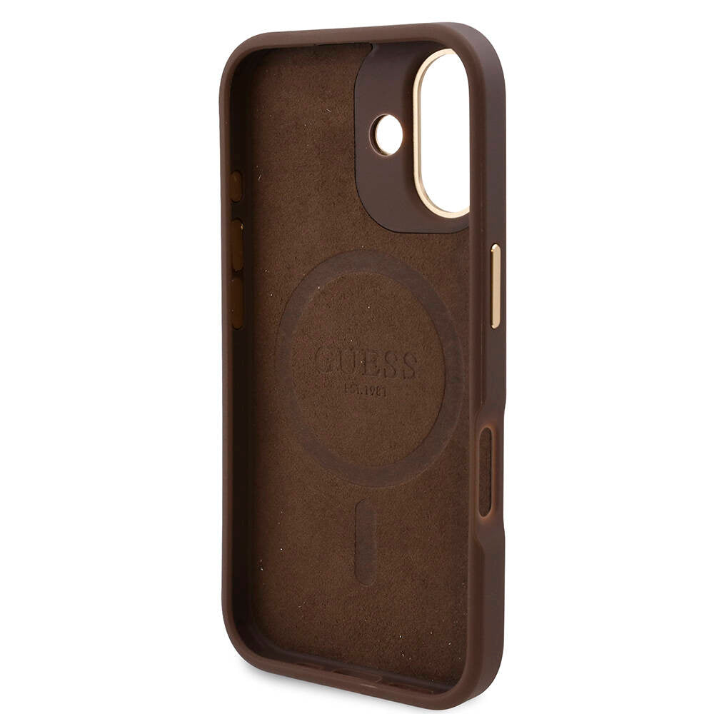 iPhone 16 Kılıf Guess Orijinal Lisanslı M-safe Şarj Özellikli PU 4G Desenli Metal Plaka Klasik Logolu Kılıf