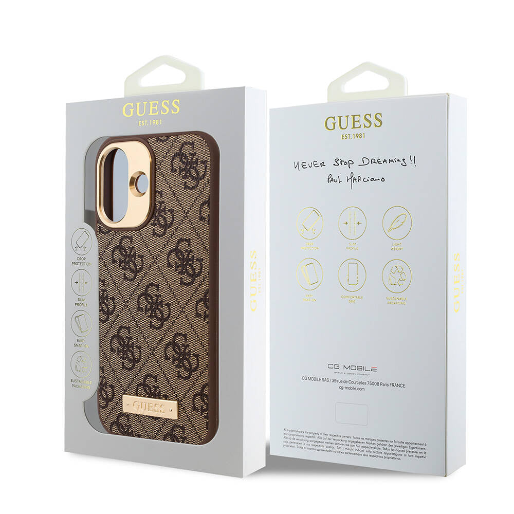 iPhone 16 Kılıf Guess Orijinal Lisanslı M-safe Şarj Özellikli PU 4G Desenli Metal Plaka Klasik Logolu Kılıf
