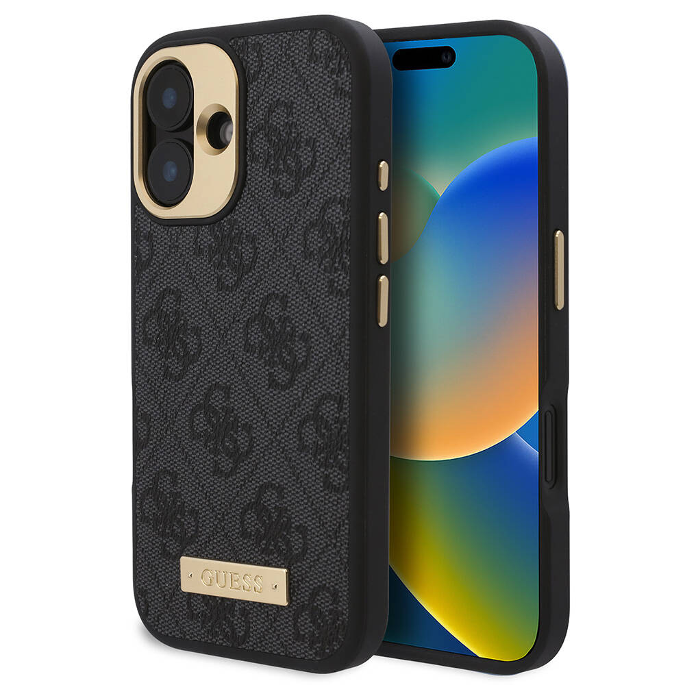 iPhone 16 Kılıf Guess Orijinal Lisanslı M-safe Şarj Özellikli PU 4G Desenli Metal Plaka Klasik Logolu Kılıf