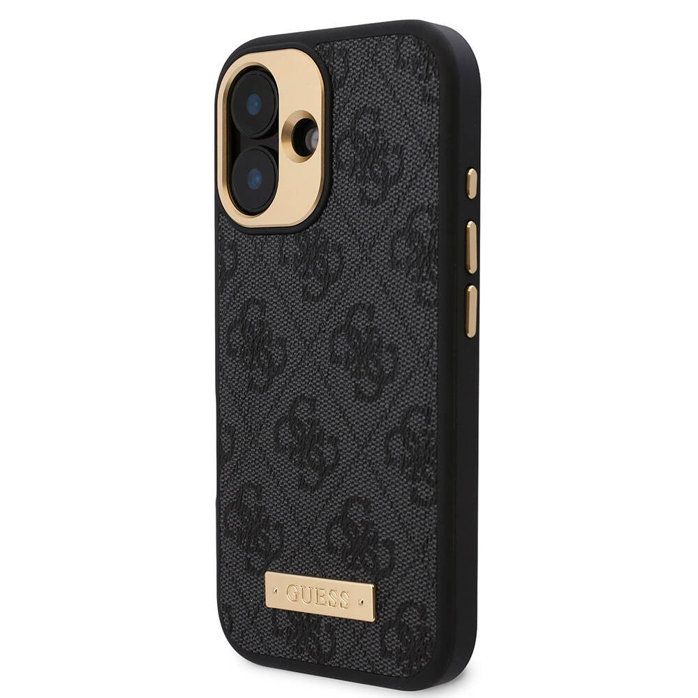 iPhone 16 Kılıf Guess Orijinal Lisanslı M-safe Şarj Özellikli PU 4G Desenli Metal Plaka Klasik Logolu Kılıf