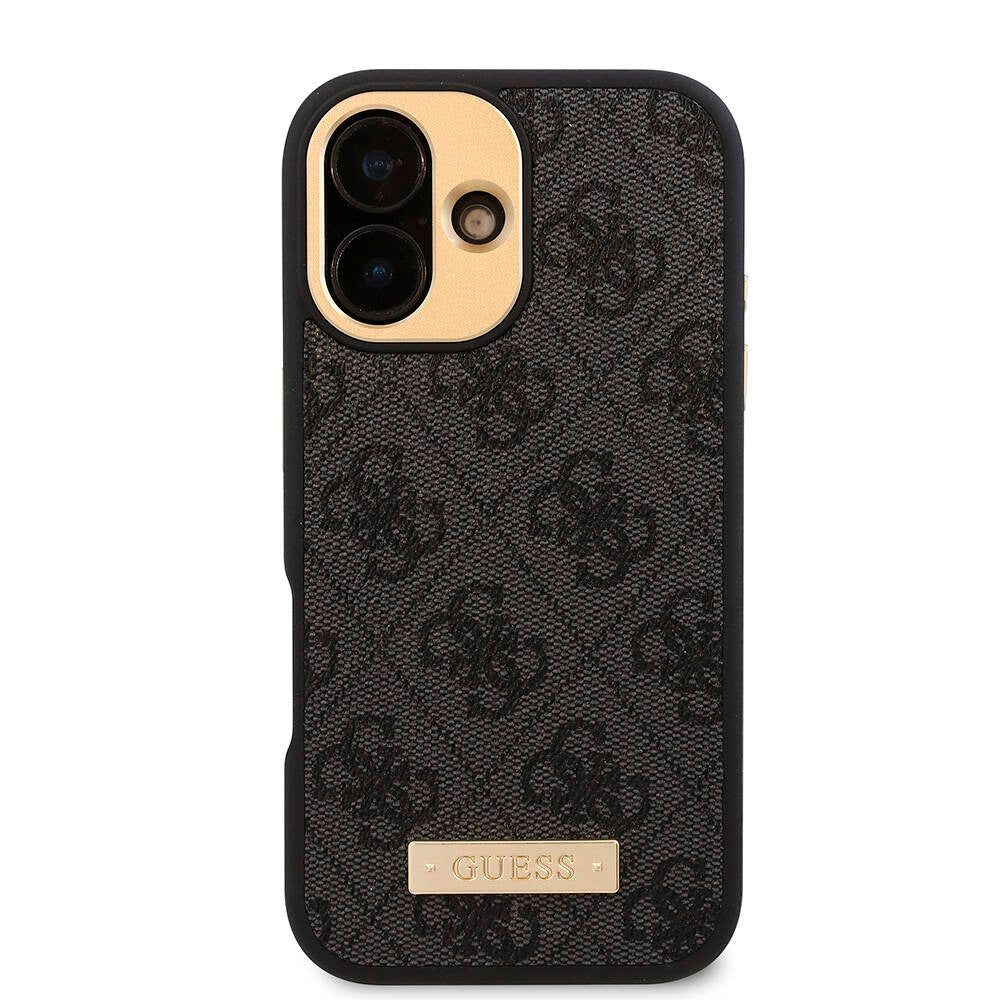 iPhone 16 Kılıf Guess Orijinal Lisanslı M-safe Şarj Özellikli PU 4G Desenli Metal Plaka Klasik Logolu Kılıf