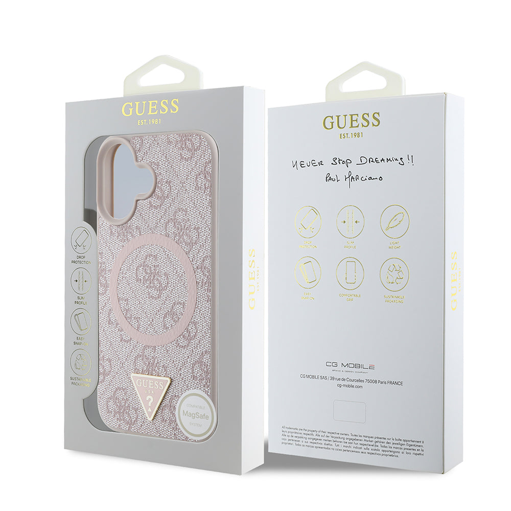 iPhone 16 Kılıf Guess Orijinal Lisanslı M-safe Şarj Özellikli PU Üçgen Logo 4G Desenli Kılıf
