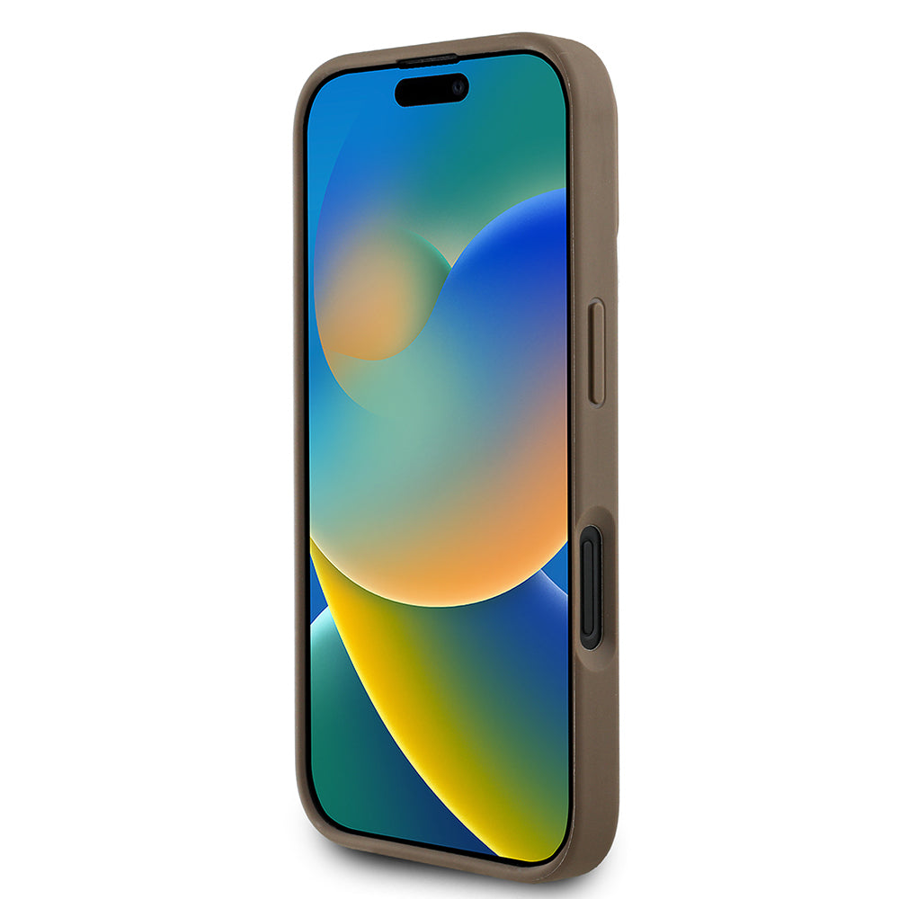iPhone 16 Kılıf Guess Orijinal Lisanslı M-safe Şarj Özellikli Sıcak Baskılı Üçgen Logolu PU Deri Peony Kılıf