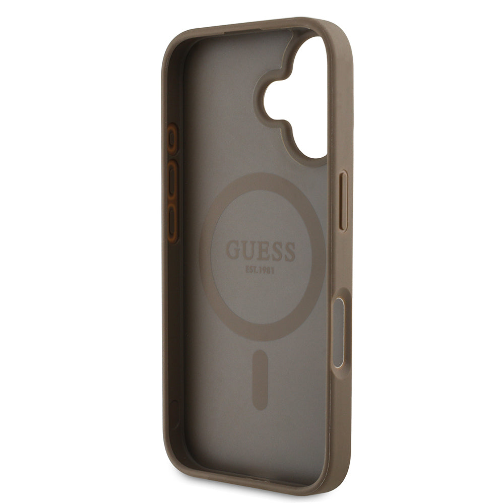 iPhone 16 Kılıf Guess Orijinal Lisanslı M-safe Şarj Özellikli Sıcak Baskılı Üçgen Logolu PU Deri Peony Kılıf