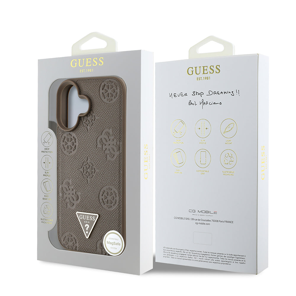 iPhone 16 Kılıf Guess Orijinal Lisanslı M-safe Şarj Özellikli Sıcak Baskılı Üçgen Logolu PU Deri Peony Kılıf