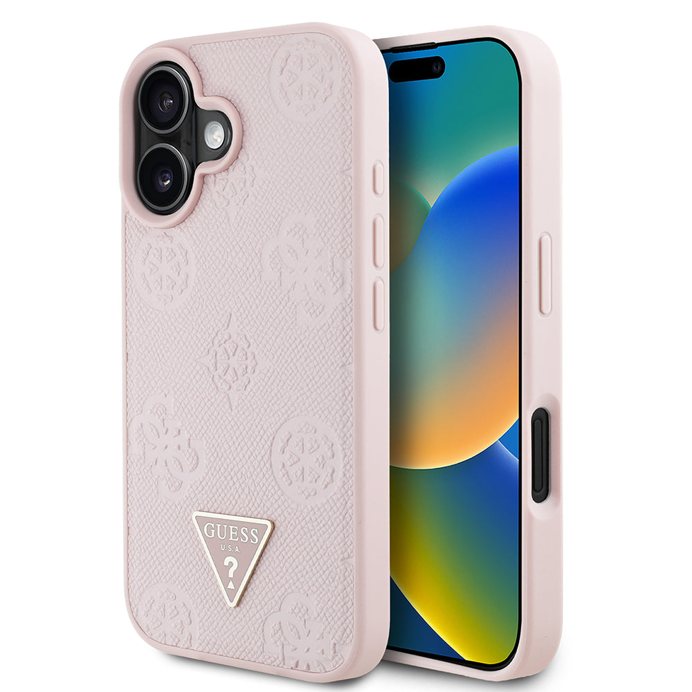iPhone 16 Kılıf Guess Orijinal Lisanslı M-safe Şarj Özellikli Sıcak Baskılı Üçgen Logolu PU Deri Peony Kılıf