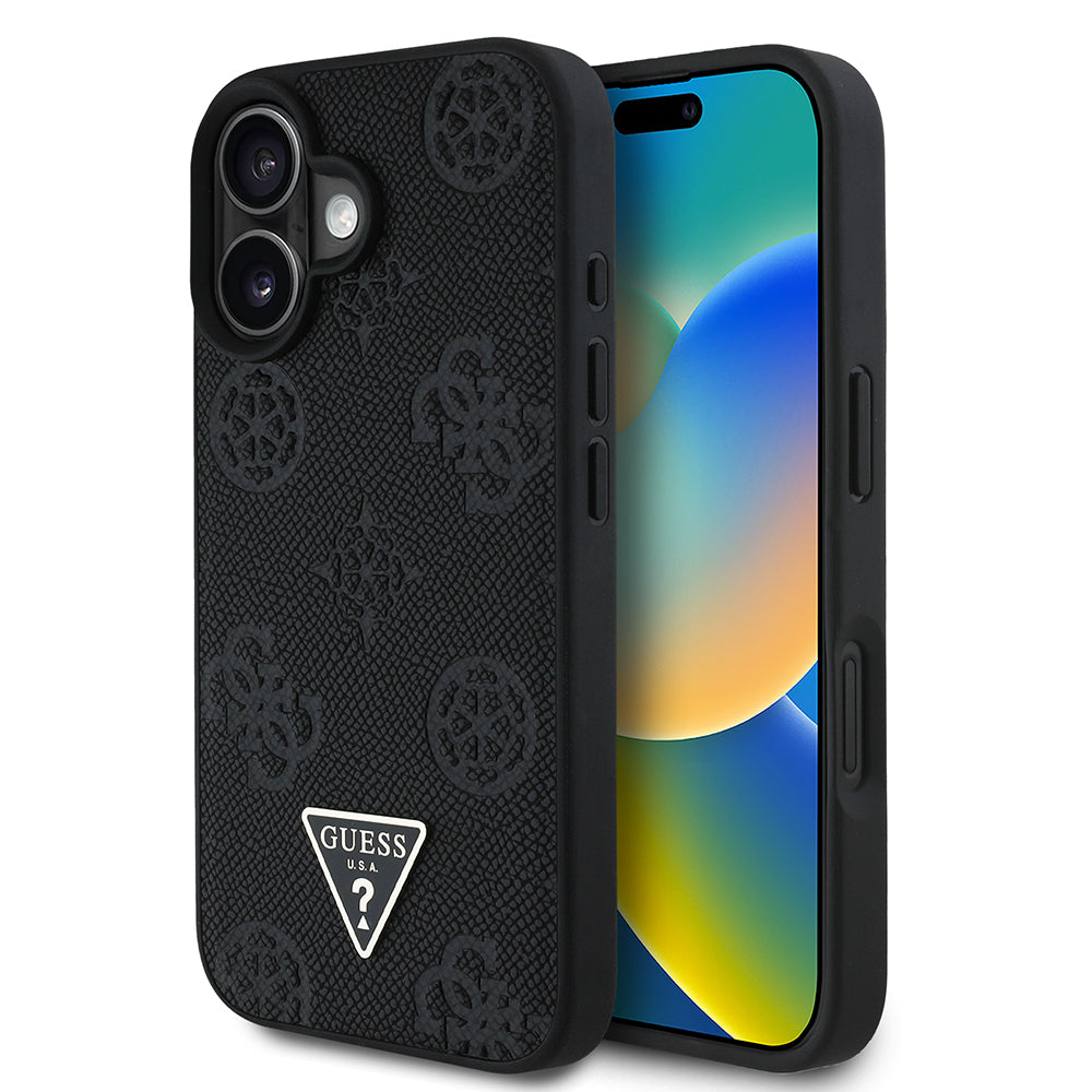 iPhone 16 Kılıf Guess Orijinal Lisanslı M-safe Şarj Özellikli Sıcak Baskılı Üçgen Logolu PU Deri Peony Kılıf