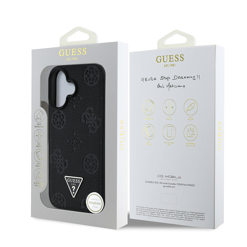 iPhone 16 Kılıf Guess Orijinal Lisanslı M-safe Şarj Özellikli Sıcak Baskılı Üçgen Logolu PU Deri Peony Kılıf