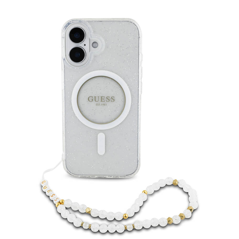 iPhone 16 Kılıf Guess Orijinal Lisanslı M-safe Şarj Özellikli Simli Silikon İnci Bileklikli Kılıf