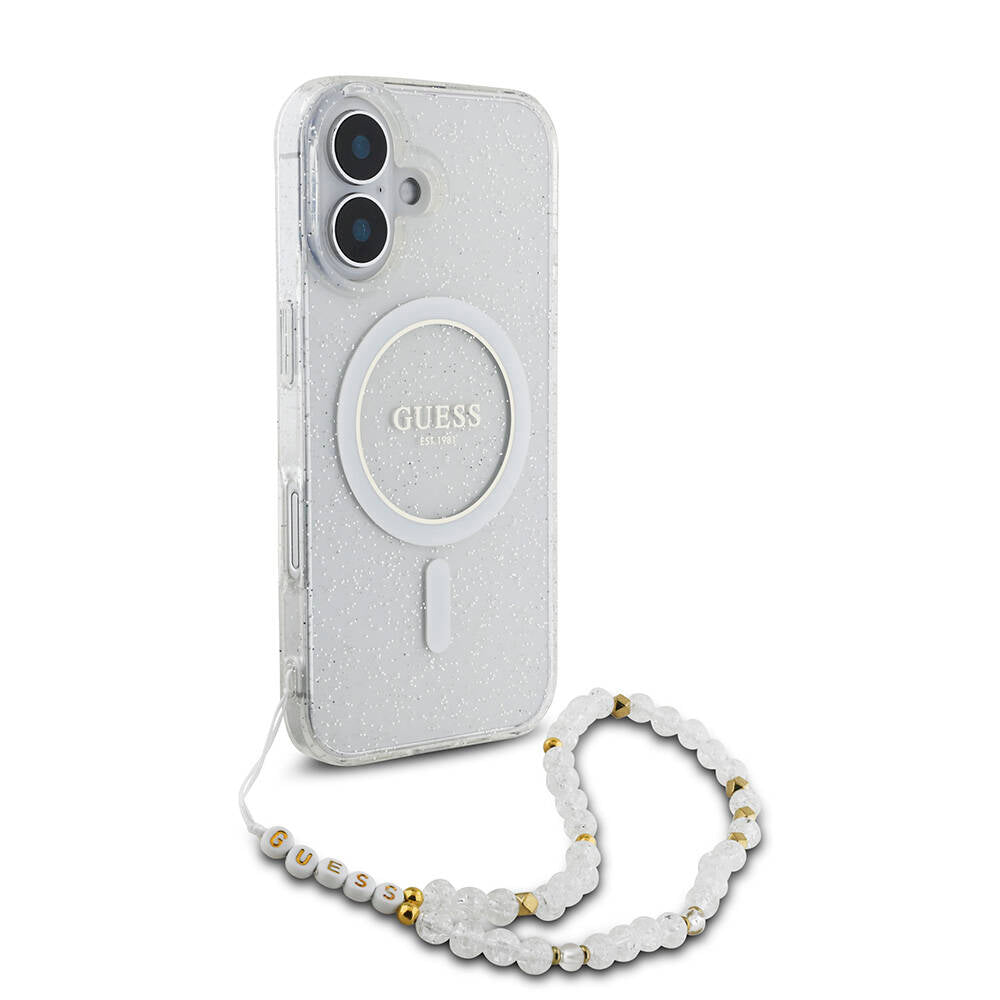 iPhone 16 Kılıf Guess Orijinal Lisanslı M-safe Şarj Özellikli Simli Silikon İnci Bileklikli Kılıf