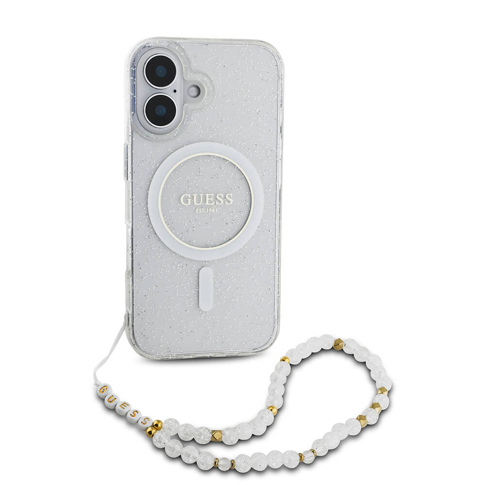 iPhone 16 Kılıf Guess Orijinal Lisanslı M-safe Şarj Özellikli Simli Silikon İnci Bileklikli Kılıf