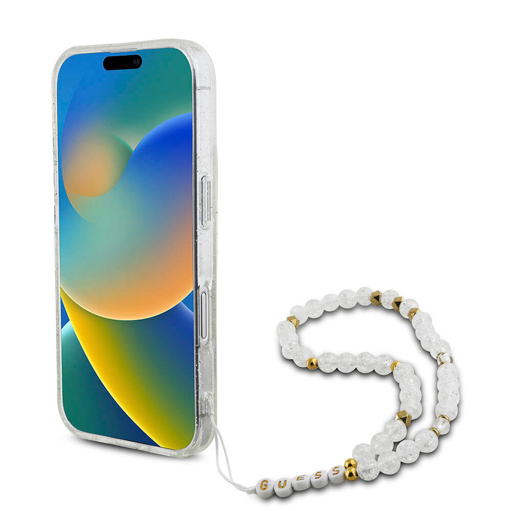 iPhone 16 Kılıf Guess Orijinal Lisanslı M-safe Şarj Özellikli Simli Silikon İnci Bileklikli Kılıf