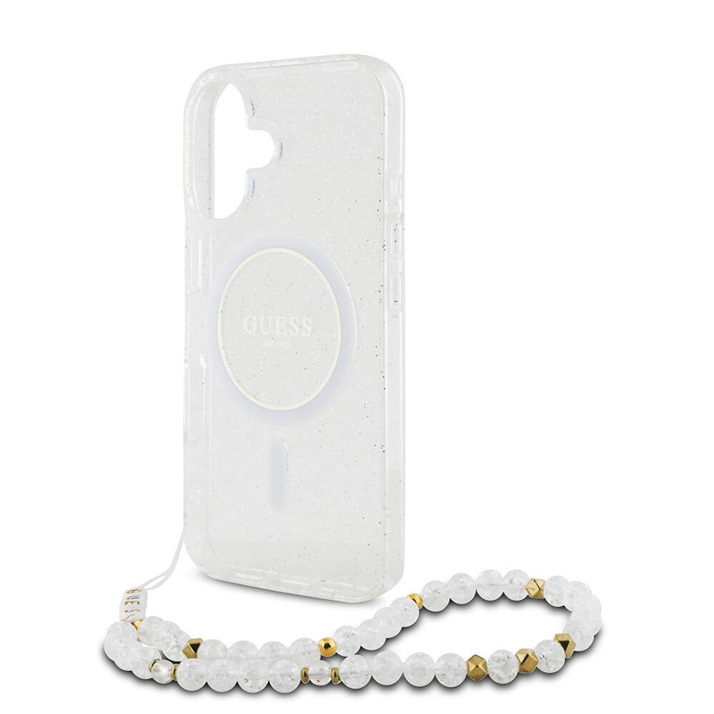 iPhone 16 Kılıf Guess Orijinal Lisanslı M-safe Şarj Özellikli Simli Silikon İnci Bileklikli Kılıf