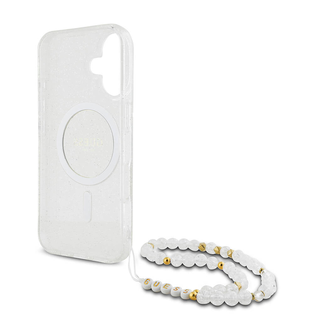 iPhone 16 Kılıf Guess Orijinal Lisanslı M-safe Şarj Özellikli Simli Silikon İnci Bileklikli Kılıf