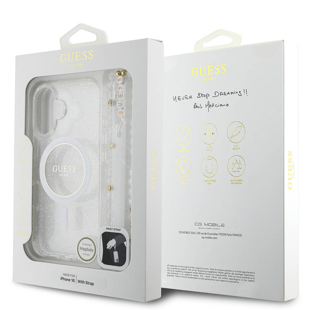 iPhone 16 Kılıf Guess Orijinal Lisanslı M-safe Şarj Özellikli Simli Silikon İnci Bileklikli Kılıf