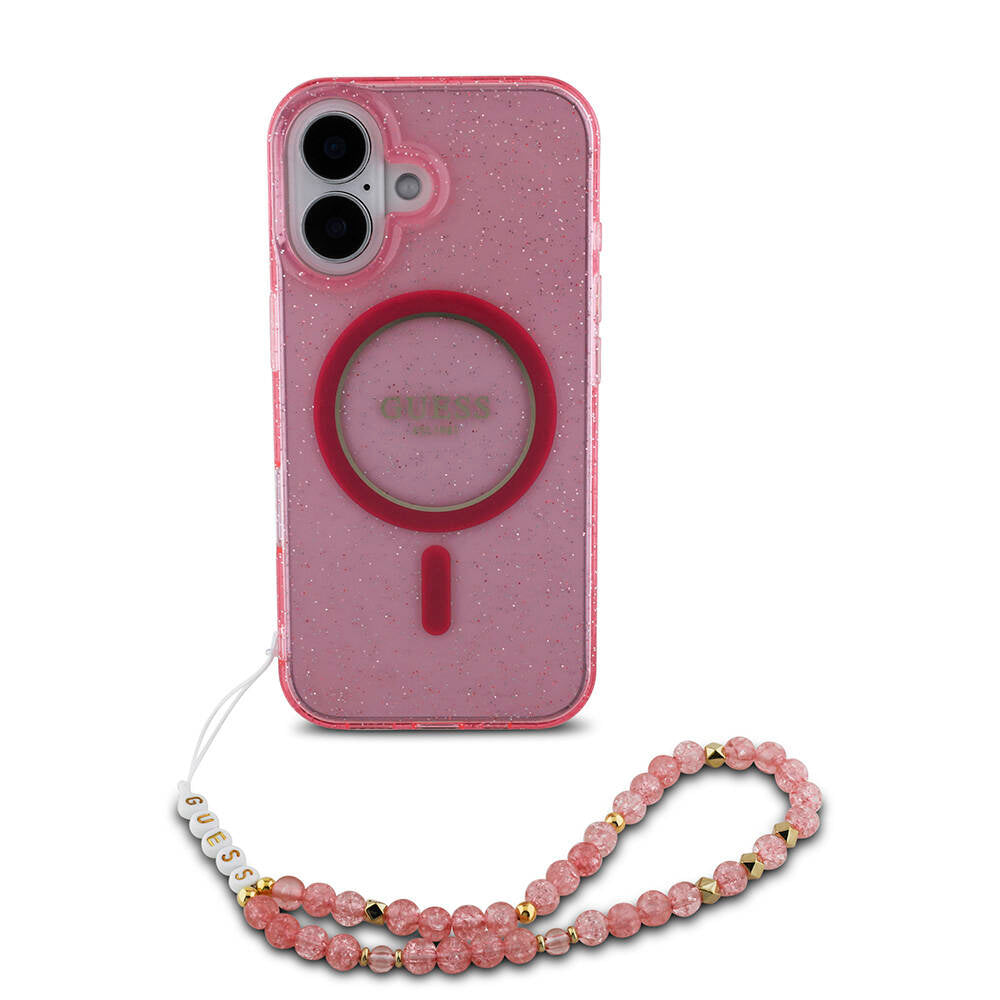 iPhone 16 Kılıf Guess Orijinal Lisanslı M-safe Şarj Özellikli Simli Silikon İnci Bileklikli Kılıf