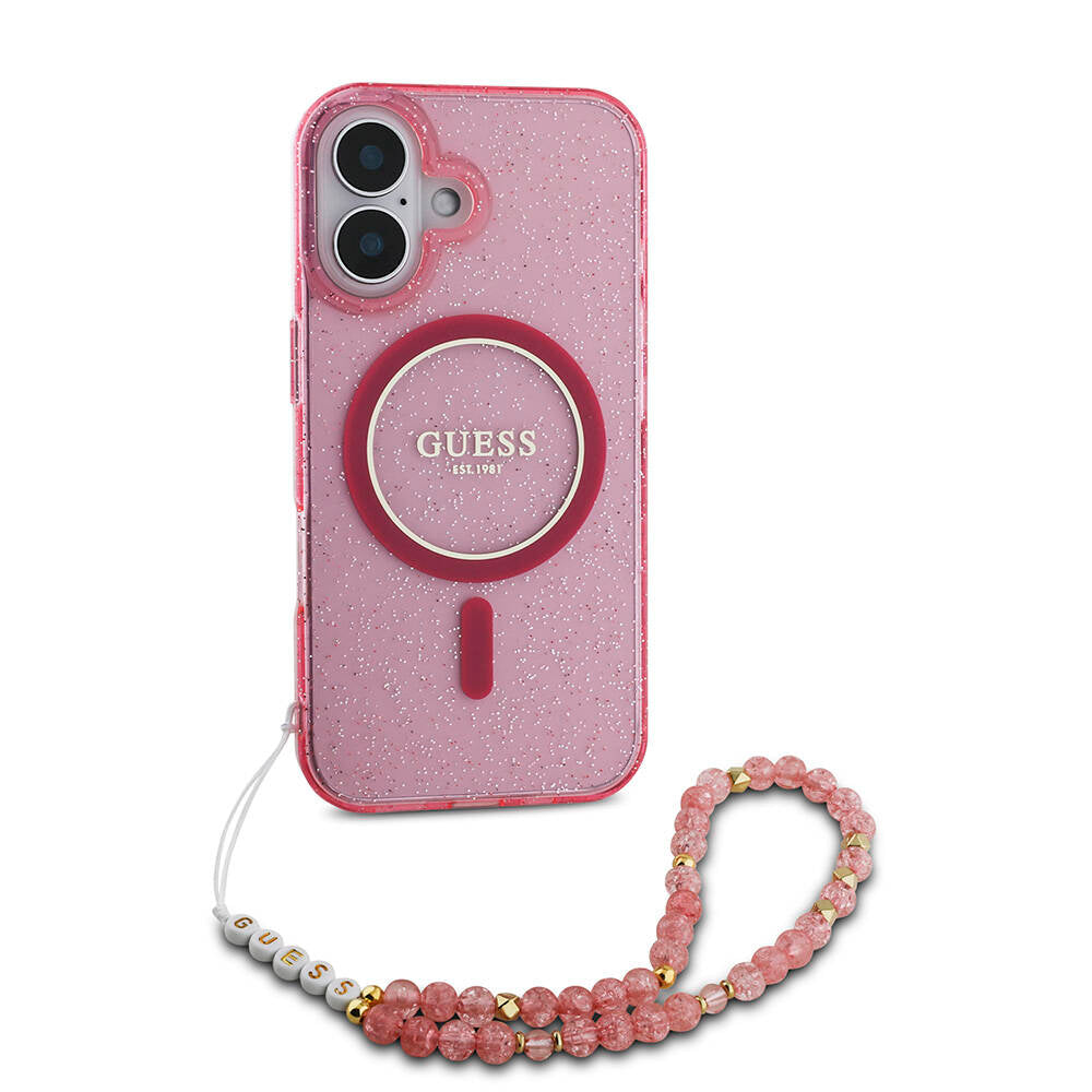 iPhone 16 Kılıf Guess Orijinal Lisanslı M-safe Şarj Özellikli Simli Silikon İnci Bileklikli Kılıf