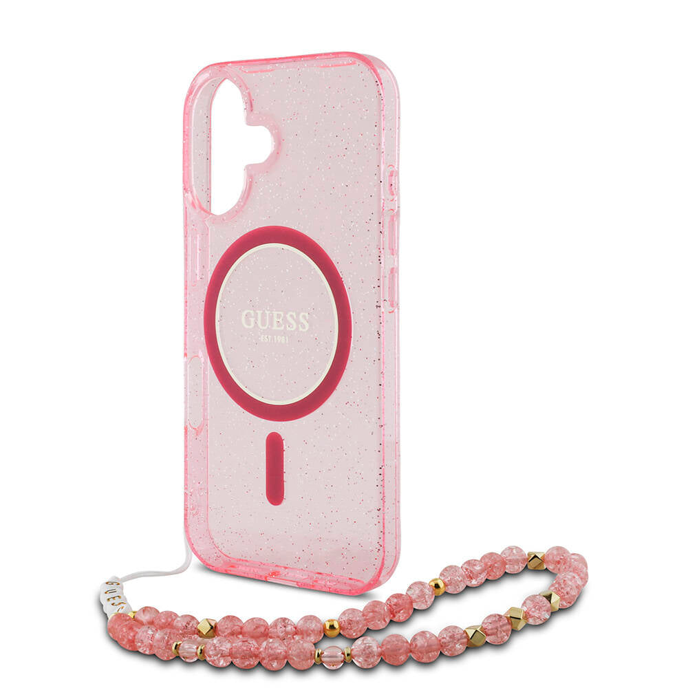 iPhone 16 Kılıf Guess Orijinal Lisanslı M-safe Şarj Özellikli Simli Silikon İnci Bileklikli Kılıf