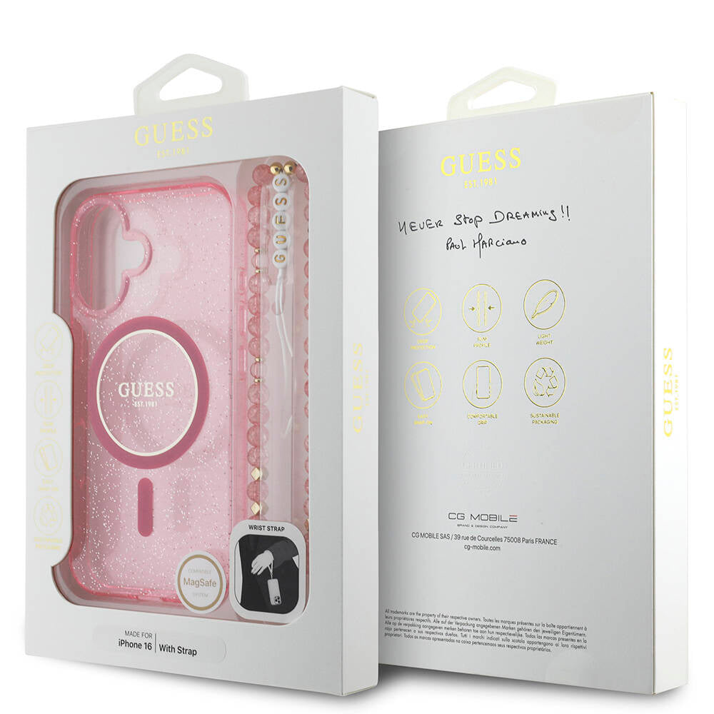 iPhone 16 Kılıf Guess Orijinal Lisanslı M-safe Şarj Özellikli Simli Silikon İnci Bileklikli Kılıf