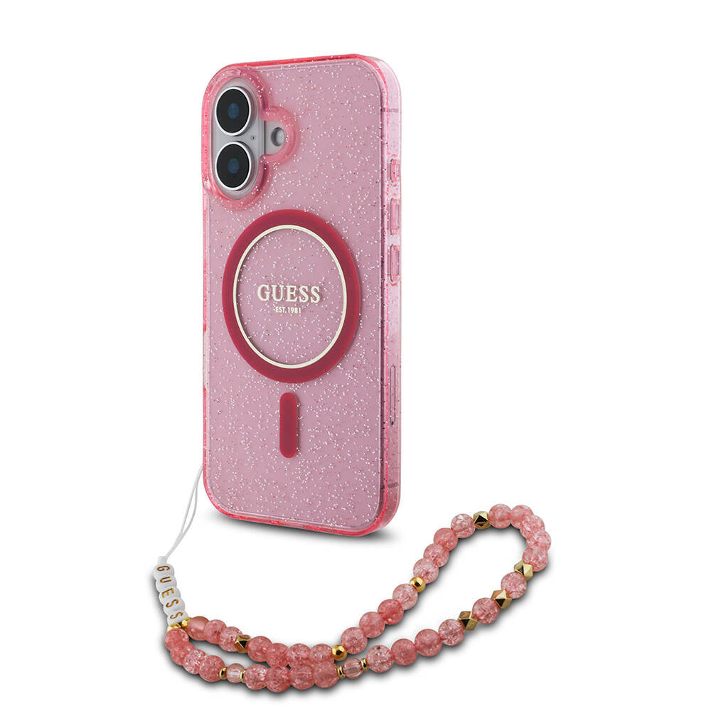 iPhone 16 Kılıf Guess Orijinal Lisanslı M-safe Şarj Özellikli Simli Silikon İnci Bileklikli Kılıf