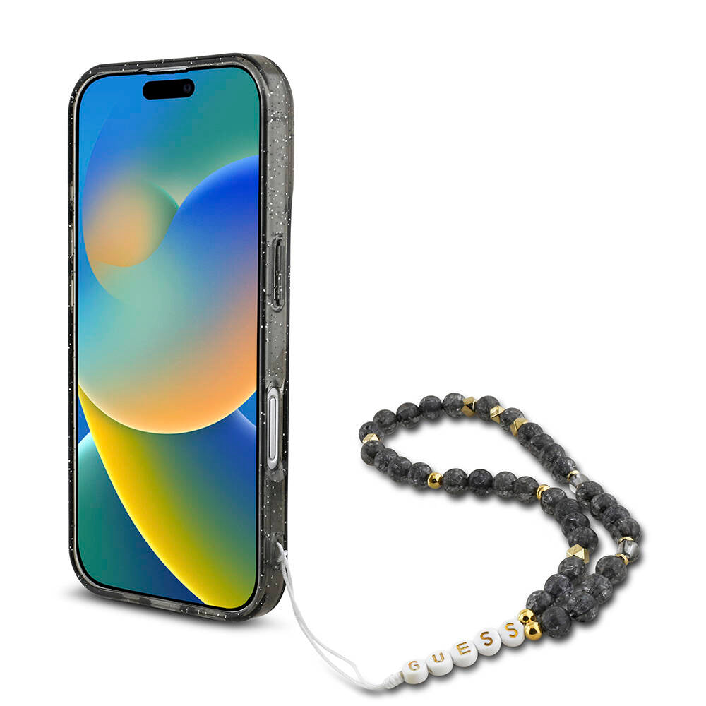 iPhone 16 Kılıf Guess Orijinal Lisanslı M-safe Şarj Özellikli Simli Silikon İnci Bileklikli Kılıf