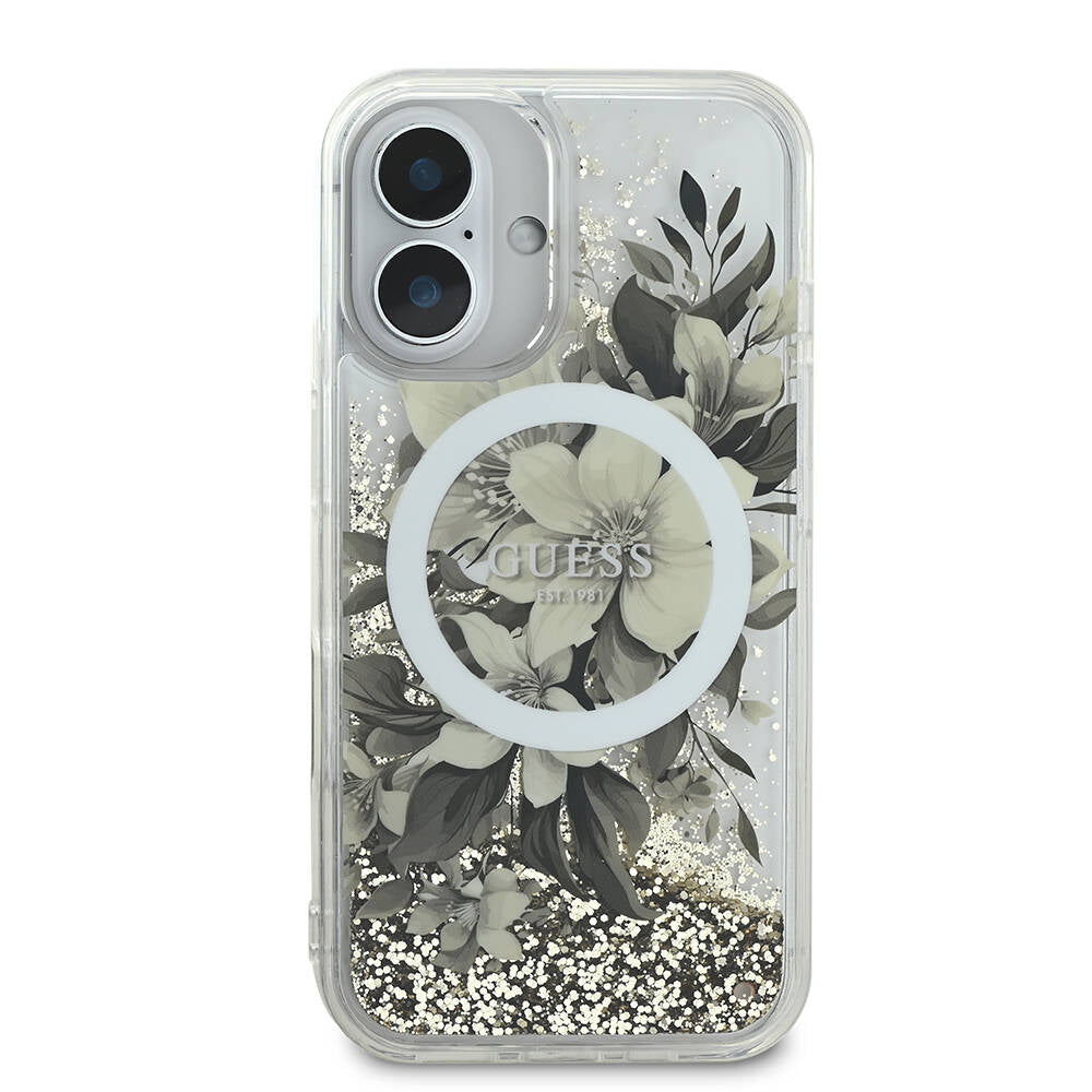 iPhone 16 Kılıf Guess Orijinal Lisanslı M-safe Şarj Özellikli Sıvılı Simli Çiçek Desenli Kılıf