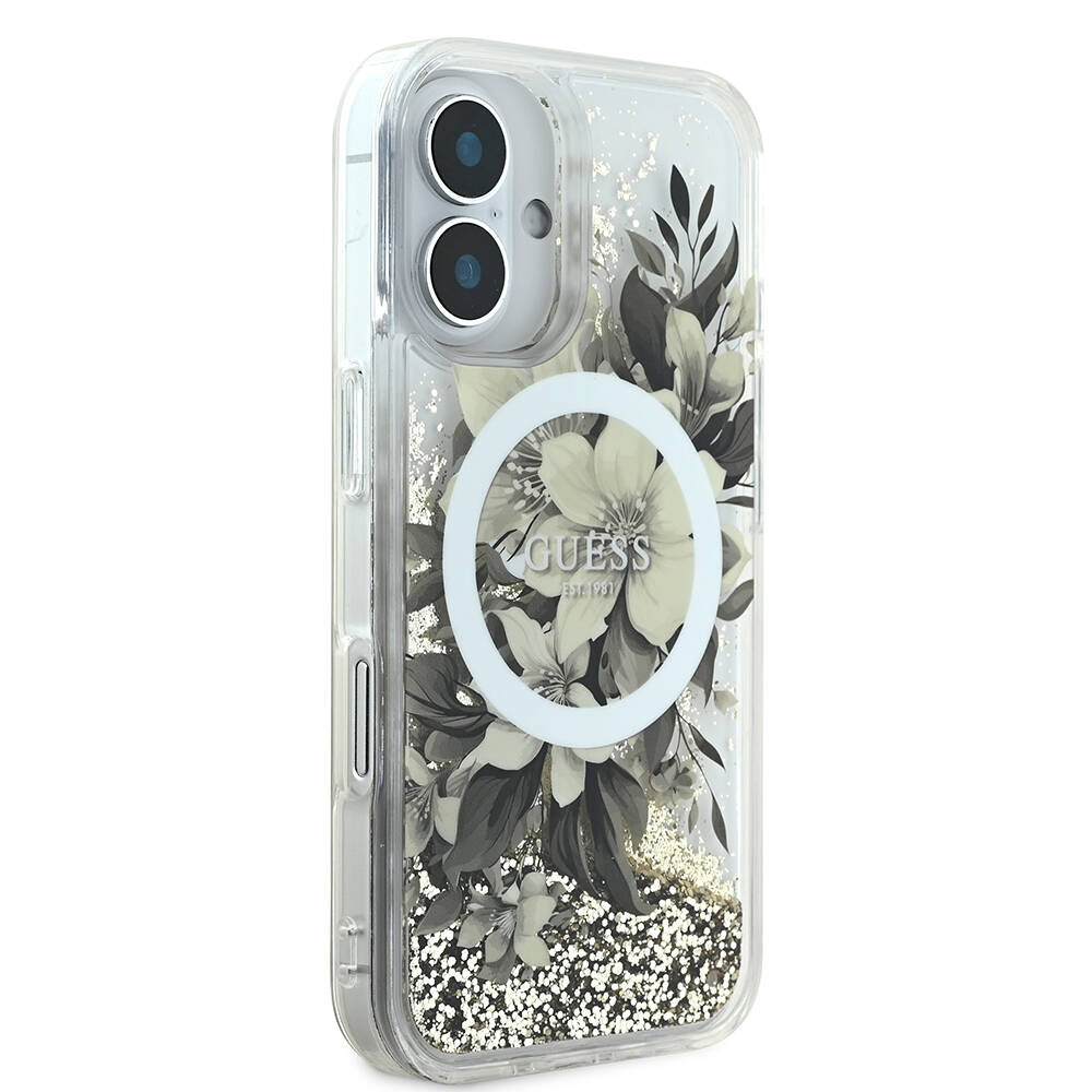 iPhone 16 Kılıf Guess Orijinal Lisanslı M-safe Şarj Özellikli Sıvılı Simli Çiçek Desenli Kılıf