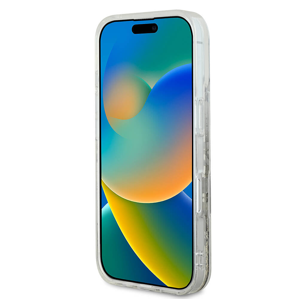 iPhone 16 Kılıf Guess Orijinal Lisanslı M-safe Şarj Özellikli Sıvılı Simli Çiçek Desenli Kılıf