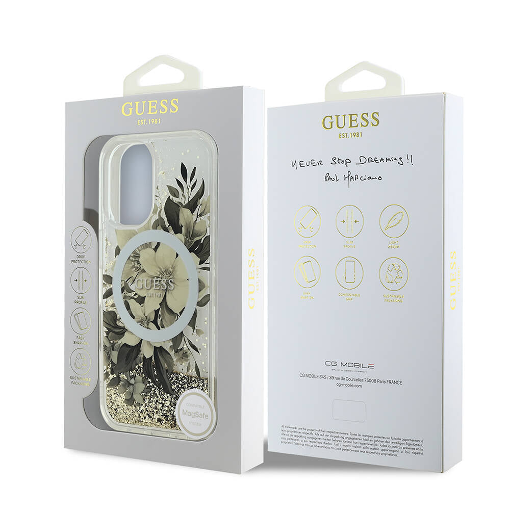 iPhone 16 Kılıf Guess Orijinal Lisanslı M-safe Şarj Özellikli Sıvılı Simli Çiçek Desenli Kılıf