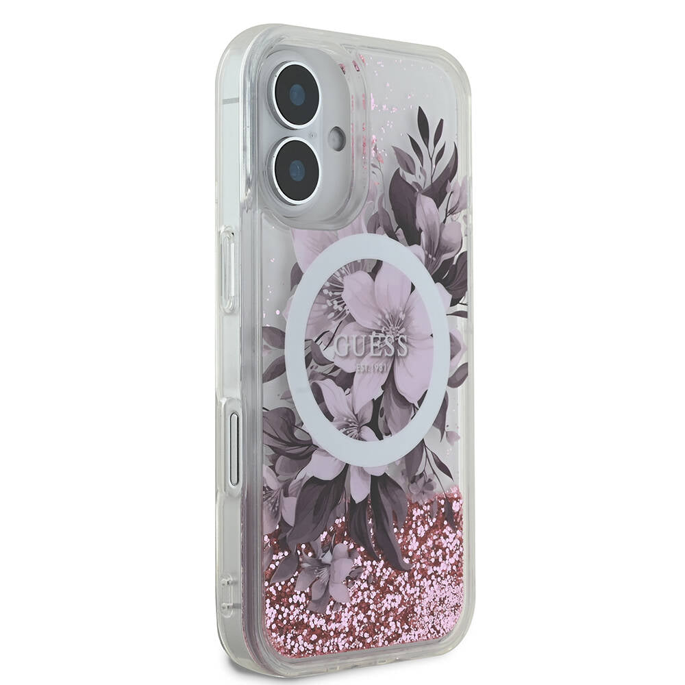 iPhone 16 Kılıf Guess Orijinal Lisanslı M-safe Şarj Özellikli Sıvılı Simli Çiçek Desenli Kılıf