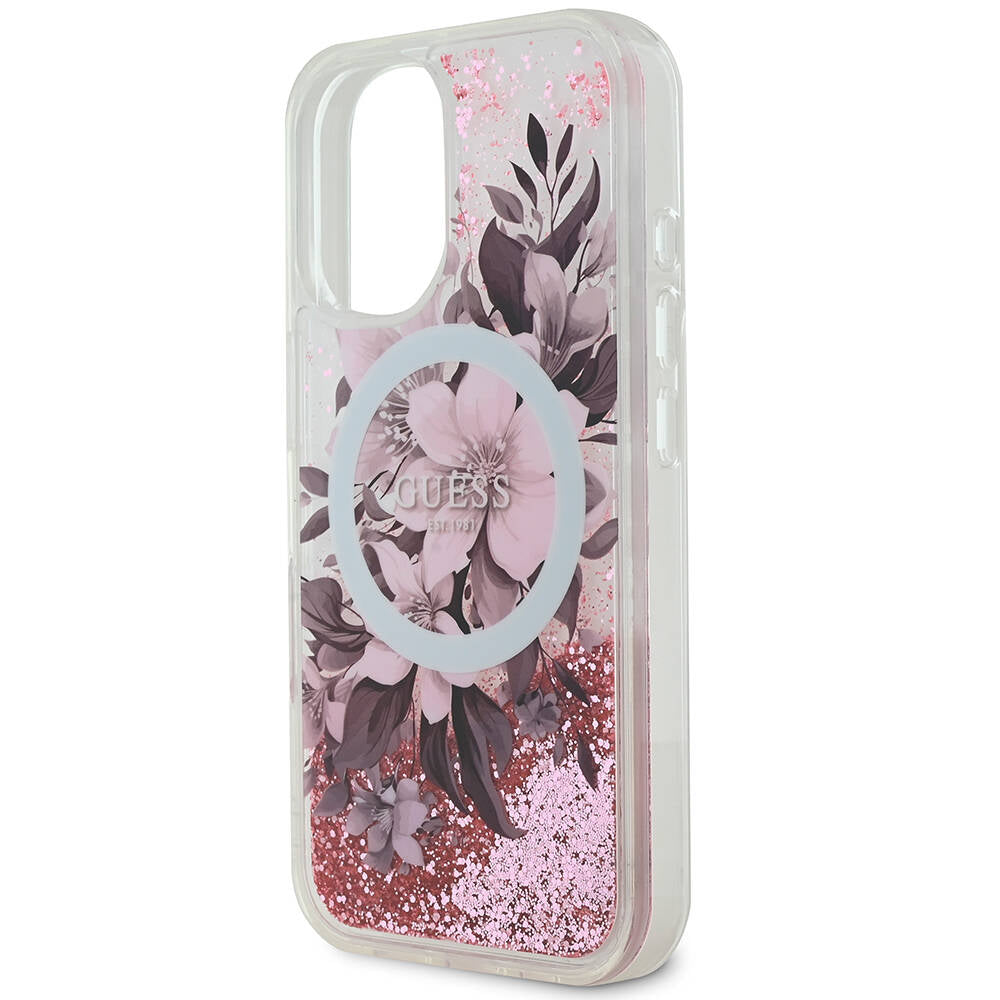 iPhone 16 Kılıf Guess Orijinal Lisanslı M-safe Şarj Özellikli Sıvılı Simli Çiçek Desenli Kılıf