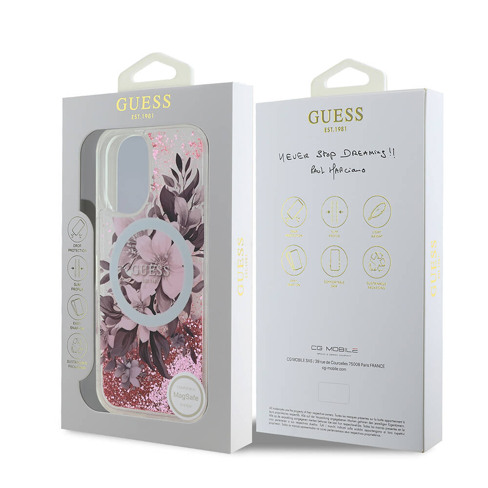 iPhone 16 Kılıf Guess Orijinal Lisanslı M-safe Şarj Özellikli Sıvılı Simli Çiçek Desenli Kılıf