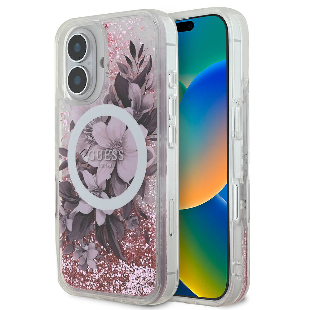 iPhone 16 Kılıf Guess Orijinal Lisanslı M-safe Şarj Özellikli Sıvılı Simli Çiçek Desenli Kılıf