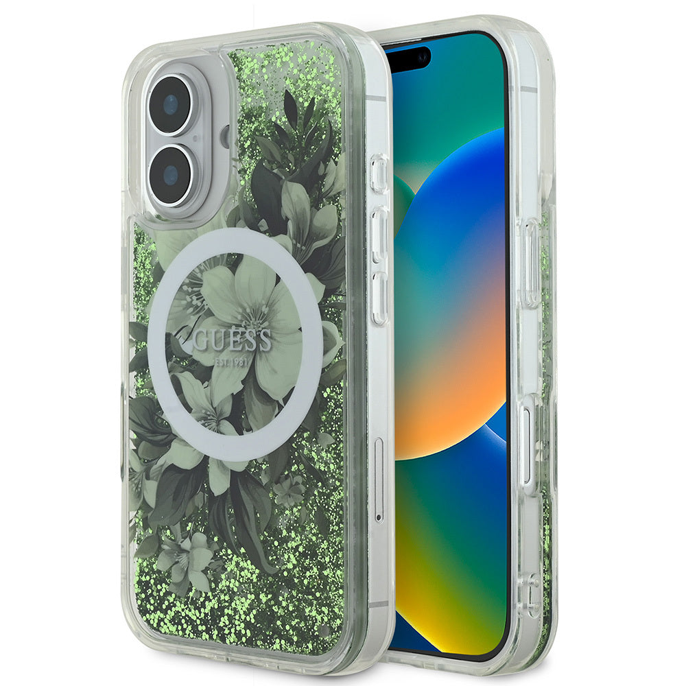 iPhone 16 Kılıf Guess Orijinal Lisanslı M-safe Şarj Özellikli Sıvılı Simli Çiçek Desenli Kılıf