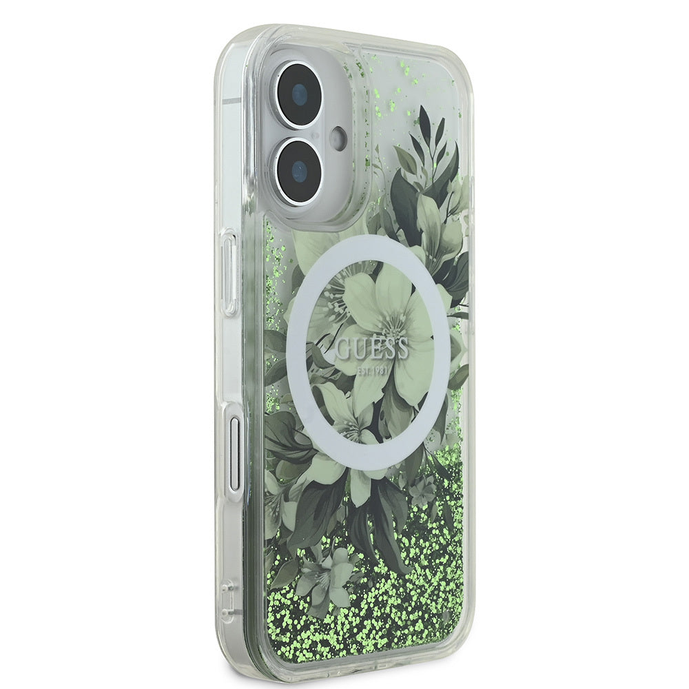 iPhone 16 Kılıf Guess Orijinal Lisanslı M-safe Şarj Özellikli Sıvılı Simli Çiçek Desenli Kılıf