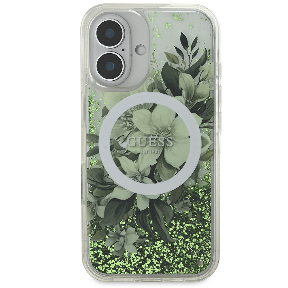 iPhone 16 Kılıf Guess Orijinal Lisanslı M-safe Şarj Özellikli Sıvılı Simli Çiçek Desenli Kılıf